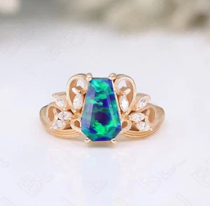 Coffin Peacock Opal 925 Silver 14K Rose Gold Plated Engagement Art Deco Ring - Picture 1 of 7