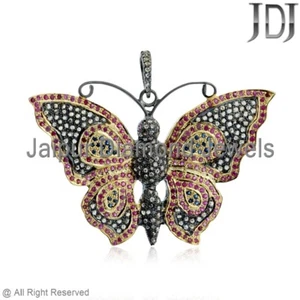 Natural Blue Sapphire Ruby Gemstone Pave Diamond 925 Silver Butterfly Pendant - Picture 1 of 6