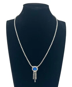 Blue & Clear Rhinestone Necklace 16” & Pierced Earring Set Dangle Drop Retro - Picture 1 of 8