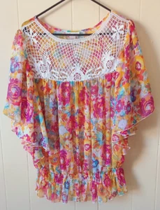 BELLE DU JOUR Womens 2X Sheer Multi Colored Floral Flutter Sleeve Blouse - Picture 1 of 7
