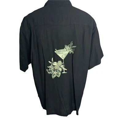 Camisa de campamento Newport azul con botones L negra bordada Martini bolsillo flor Foto 1 de 4