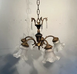 Antique Vintage Bronze Chandelier French Empire w/ Petticoat Glass Shades - Picture 1 of 4