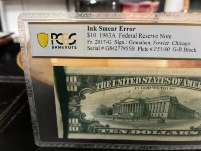 1963A $10.00 Federal Reserve Note (Ink Smear Error) PCGS Extremely Fine 40 - Image 1 of 3