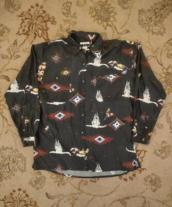 Vintage 90s Studio GA Black Long Sleeve Cowboy Western Print Polo Shirt Silk XL - Picture 1 of 4