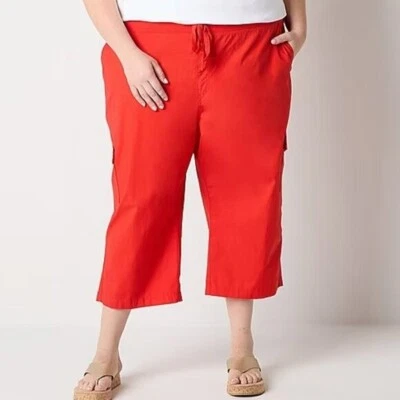 Cargo Pants 0X Red Mid Rise Plus Capris Pull On Cotton Chambray St John's Bay - Image 1 of 3