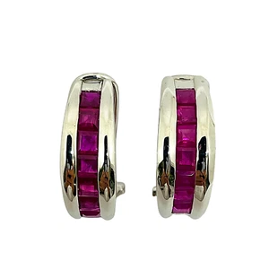 Natural Pink Ruby Channel-Set Hoop Earrings 14k Solid White Gold - Picture 1 of 5