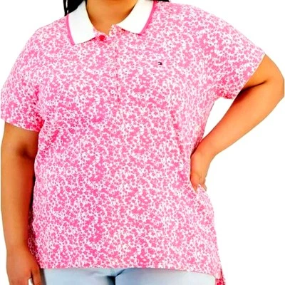 TOMMY HILFIGER Womens XXL Pink White Ditsy Floral Short Sleeve Collar Polo Shirt - Image 1 of 4