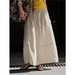Vestido largo transpirable falda cintura elástica cáñamo tejido japonés lino para mujer línea A - Imagen 1 de 21