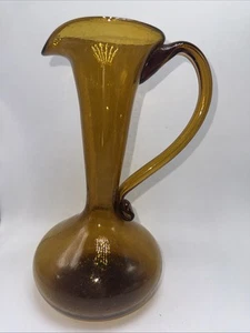 VINTAGE BISCHOFF BLENKO HONEY AMBER DECANTER HAND BLOWN GLASS pitcher 10 1/2” - Foto 1 di 7