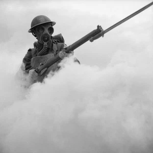 Máscara antigás soldado británico bayoneta entrenamiento humo pantalla póster impresión 24 x 24 pulgadas - Imagen 1 de 1
