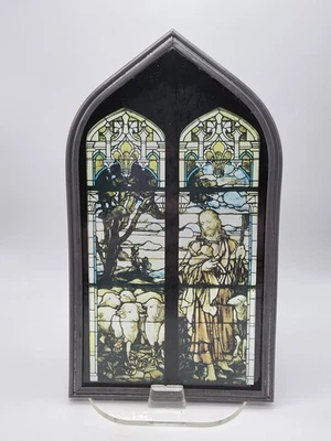 Vintage Jesus Shepherd Sheep Stained Glass Suncatcher Arched Window Metal Frame - Image 1 of 4