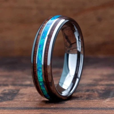 Anillo de carburo de tungsteno de 8 mm para hombres y mujeres banda de madera de koa y ópalo anillo con incrustación de lámina de oro Foto 1 de 4