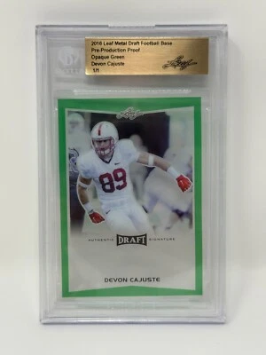 2016 LEAF METAL DRAFT FOOTBALL BASE PRE-PRODUCTION PROOF GREEN DEVON CAJUSTE 1/1 - Image 1 of 2