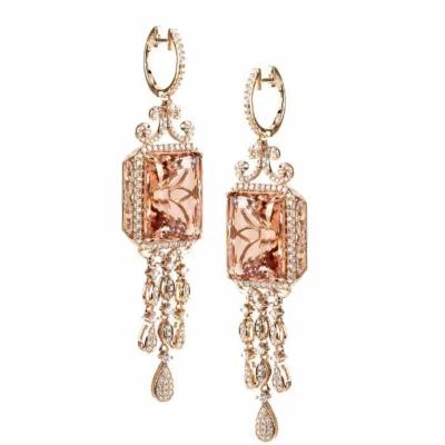Pendientes baguette araña nupcial morganita rosa diamante natural oro rosa de 18 quilates Foto 1 de 2