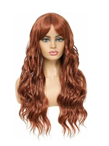 Long Wavy Auburn Red Brown Ombre Wig With Bangs Human Hair Blend Heat Resistant - Picture 1 of 5