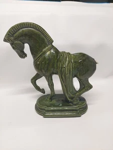 Vintage Trojan Roman War Horse Statue Green Drip Glaze 12” Broken Tail - Picture 1 of 9