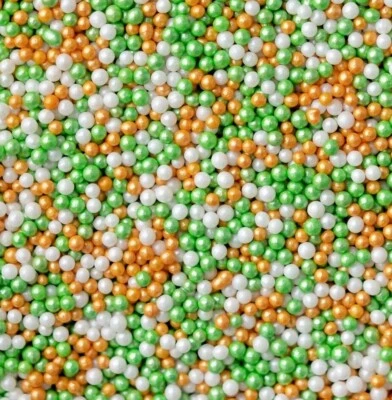 Orange, Green & White Edible Sugar Glimmer Pearls 3mm Cake Decorating Sprinkles - Image 1 of 2