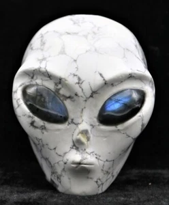 XL Gorgeous HOWLITE Sculpted ALIEN Head LABRADORITE Gemstone Eye Art Paperweight - Picture 1 of 7