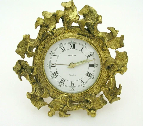 GLOBE 4 1/4" ALARM CLOCK GERMANY - GOLD GILT ORMOLU FLORAL DESIGN - WIND UP Cover