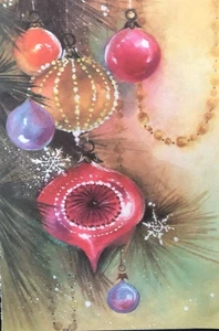 Vintage Weihnachtsgrußkarte schön dekoriert Weihnachtskugeln Perlen Schneeflocken - Bild 1 von 3