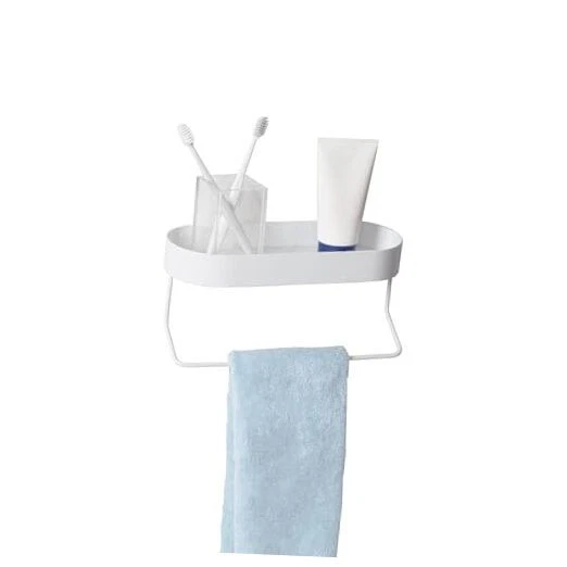  Estante de baño montado en la pared con toallero y bandeja superior ovalada, blanco SHF-09519  Foto 1 de 3