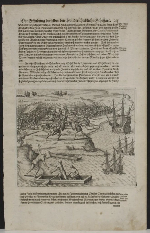ЯМАЙКА COLUMBUS БИТВА ПРОТИВ ТУЗЕМЦЕВ 1631 GOTTFRIED РЕДКАЯ СТАРИННАЯ КАРТА - Изображение 1 из 1