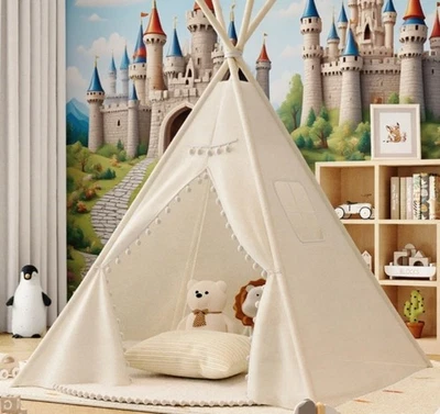 160CM Large Canvas Kids Teepee Star Wood Indian Tent Child In/Outdoor Play House - Image 1 of 4