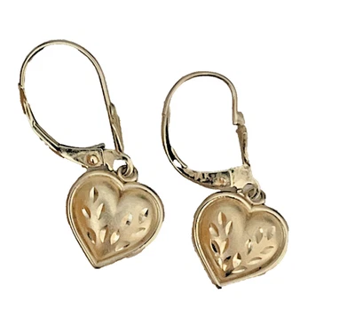 Michael Anthony 14K Gold Heart Earrings Diamond Cut Leverback Drop 1in MA - Image 1 of 4
