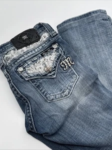 Miss Me Jeans Junior 16 (FITS 27 X 27.5) Straight Thick Stitch Distressed Bling - Picture 1 of 11