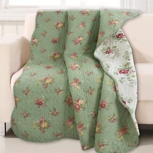 Green Vintage Blossom Floral Printed Reversible Cotton Quilted Throw  - Picture 1 of 3