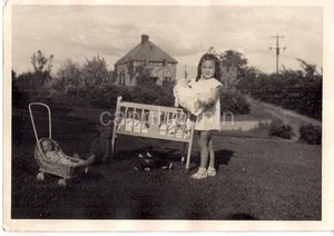 Darling Ringlets Hair Girl Playing Outiside w/Dolls Crib Carriage Vt 1940s Photo - Picture 1 of 1