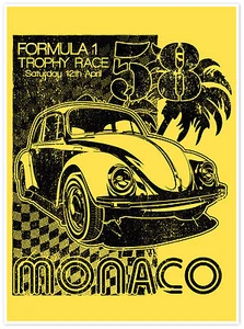 vintage monaco print grand prix formula one art yellow black 36" vw painting - Picture 1 of 4