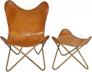 Tan Leather Vintage Butterfly Lounge Chair Folding With Rest Chair Footstool - Picture 1 of 5