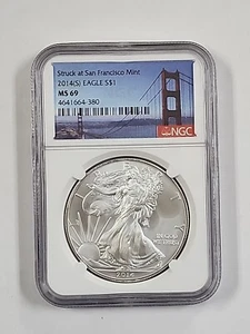 2014 (S) $1 AMERICAN SILVER EAGLE NGC MS69 STRUCK AT SAN FRANCISCO BRIDGE LABEL - Picture 1 of 2