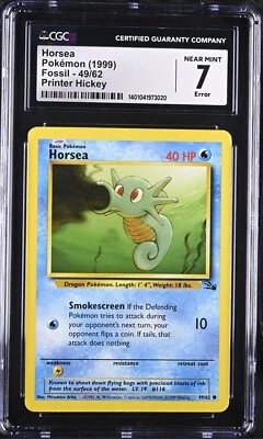 CGC 7 NEAR MINT ERROR Printer HICKEY Horsea 49/62 Fossil 1999 Pokémon Pack FRESH - Image 1 of 2