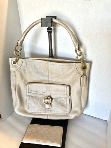 Coach Penelope Crema Champaign Pelle Metallizzata Borsa Tote Bag Borsetta e Portafoglio Pieghevole