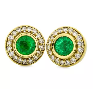 18k & 14k Yellow Gold 1.80ctw Emerald 1.00ctw Diamond Round Stud Earrings #E23-7 - Picture 1 of 8