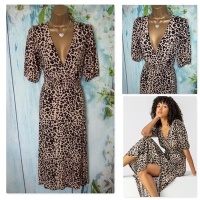 NEW ROMAN DRESS SIZE 14, Taupe Leopard Print Midi Side Split Wrap Dress - Imagem 1 de 4
