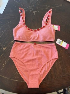 Betsey Johnson Scrunch Bunch pink w/ rosettes hi-waist 2-pc bikini M/NWT - Picture 1 of 4