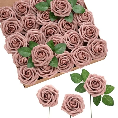 Ling's Moment 50pcs Dusty Rose Artificial Roses Flowers with Stem for DIY - Image 1 of 4