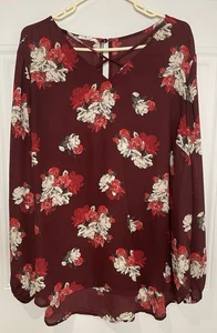 Maurices Women's 1 (1X)  Red Burgundy Floral Balloon Sleeve Keyhole Blouse - Picture 1 of 9