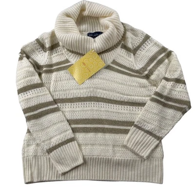 Suéter Susan Graver Mujer Pequeño Marfil Dorado Rayas Crochet Tejido Cuello Alto Foto 1 de 4