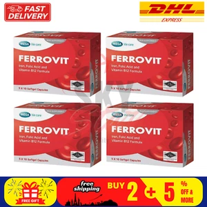 4 X Mega WeCare FERROVIT Iron, Folic acid and Vitamin B 12 Formula 50 Capsules - Picture 1 of 10