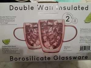 Pink Double Wall Insulated Borosilicate Glassware Hot/cold Coffee Mugs 2-12 Oz - Picture 1 of 9