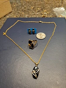 Vintage 925 Ster Silver Black Onyx 20" Necklace w/Pierced Earrings Size 6 Ring - Picture 1 of 7