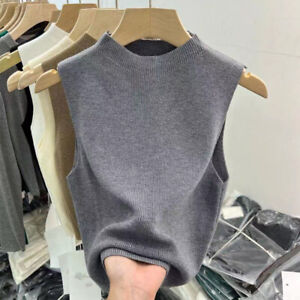 Women Tank Vest Tops T-Shirt Sweater Camisole Knitted Cropped Half-turtleneck