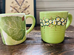 2 lime green hand painted garden mugs ladybugs daisies greens Cottagecore - Picture 1 of 10