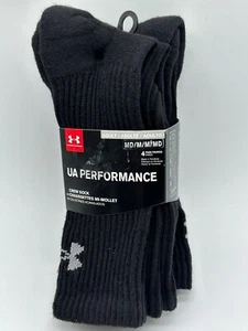 NEW 4 PAIRS UA PERFORMANCE UNDER ARMOUR MENS CREW SOCKS SIZE 4-8.5 BLACK COTTON - Picture 1 of 5