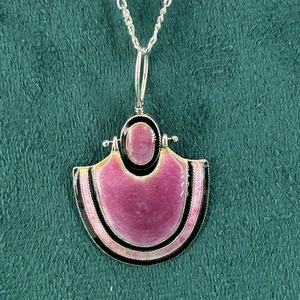 antique 925 sterling silver necklace enamel articulated pink pendant 22'' READ - Bild 1 von 10