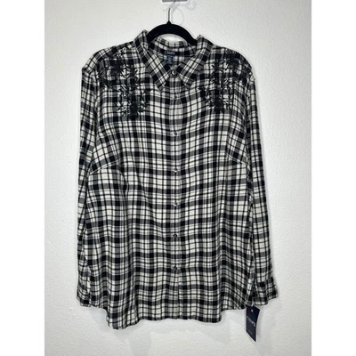 CHAPS Black White Plaid Button Down Shirt Embroidered Floral Long Sleevewomen 2X - Image 1 of 4